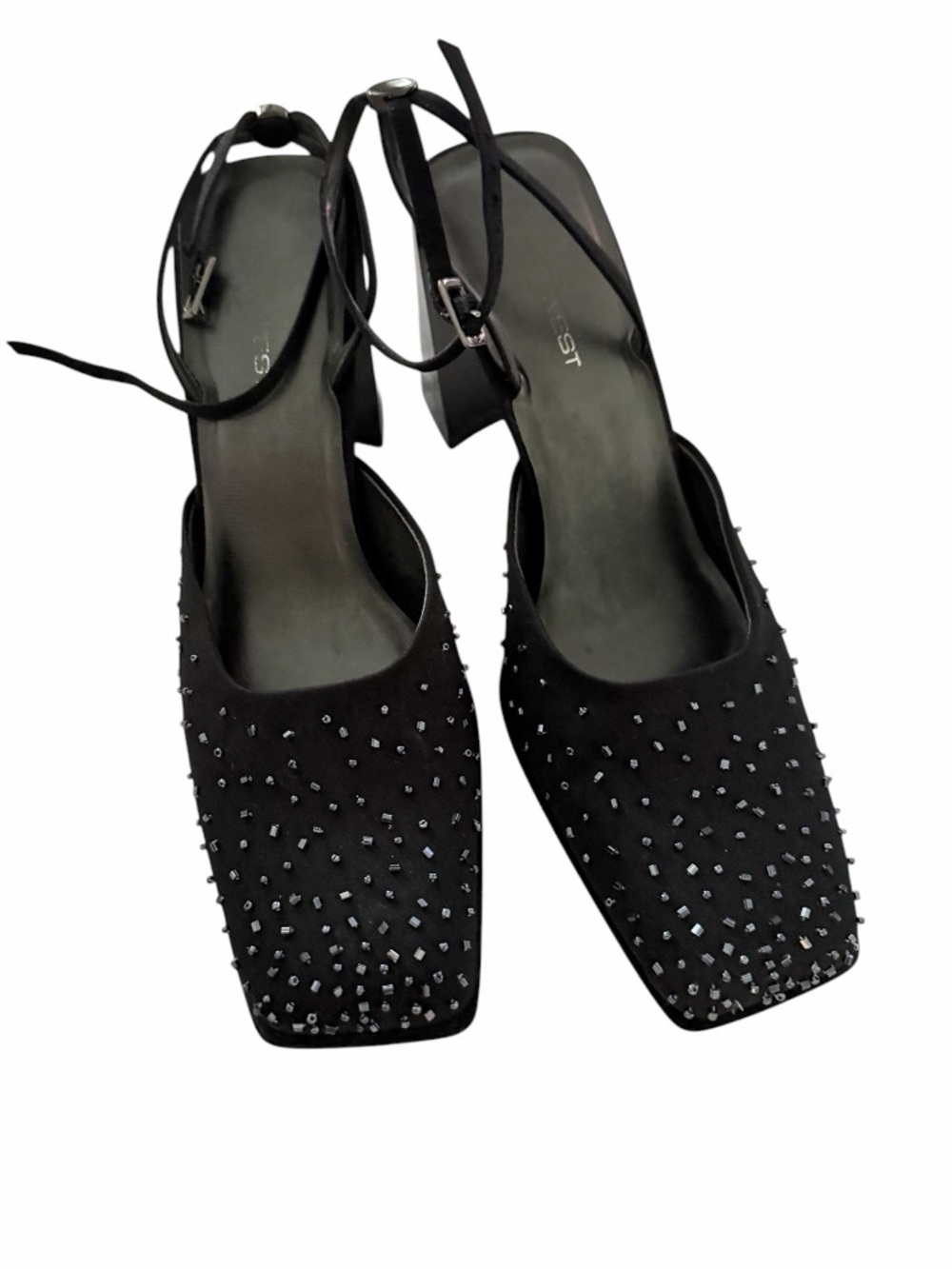 Vintage Y2K Nine West Black Satin Square Toed Beaded Heels size women’s 8.5